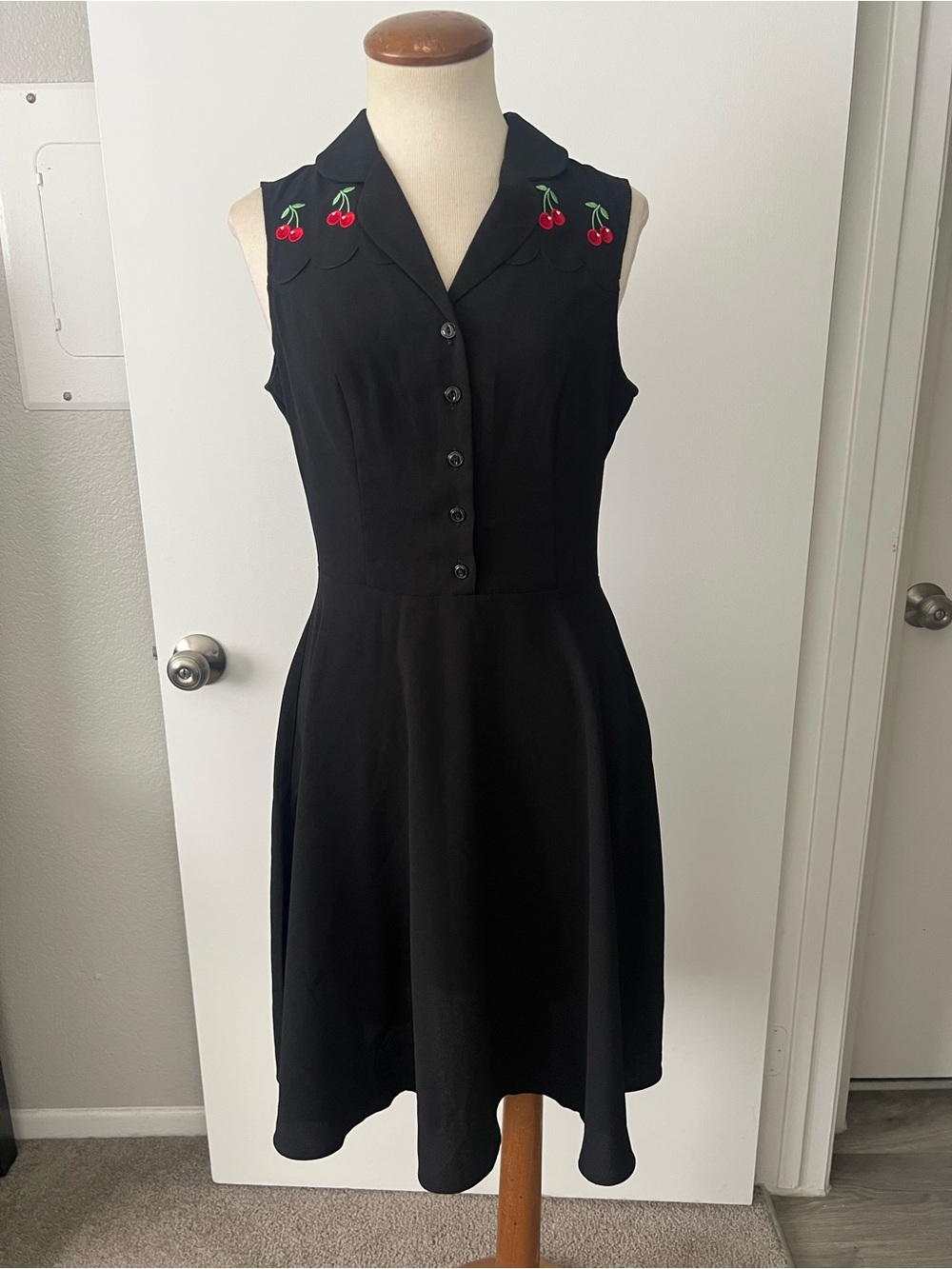 Hell Bunny Black Sleeveless Dress with Cherry Embroidery